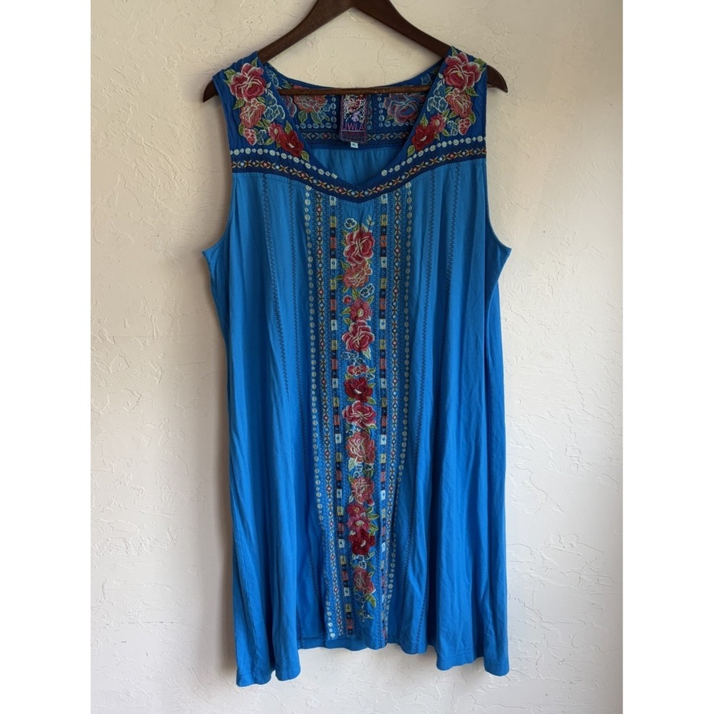 Johnny Was JWLA Embroidered Blue Tunic Shift Dress XL Bohemian Luxury Floral